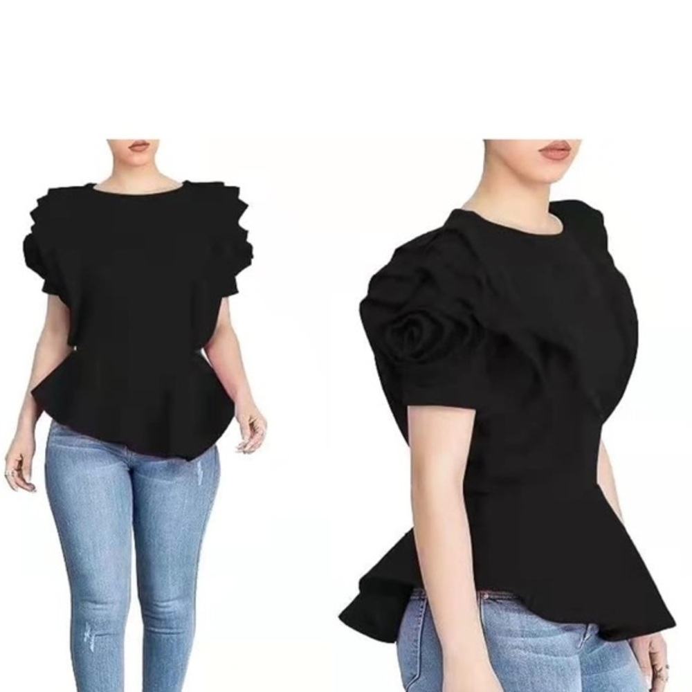 DCS Black Ruffled Peplum Blouse Short Sleeve